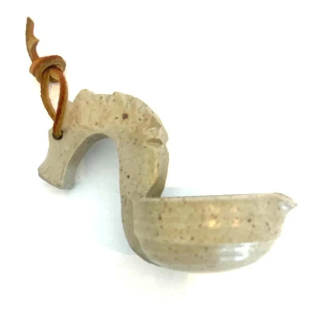 Dragon-Shaped Stoneware Ladle With Leather Loop Artist Stamped Made in 1992